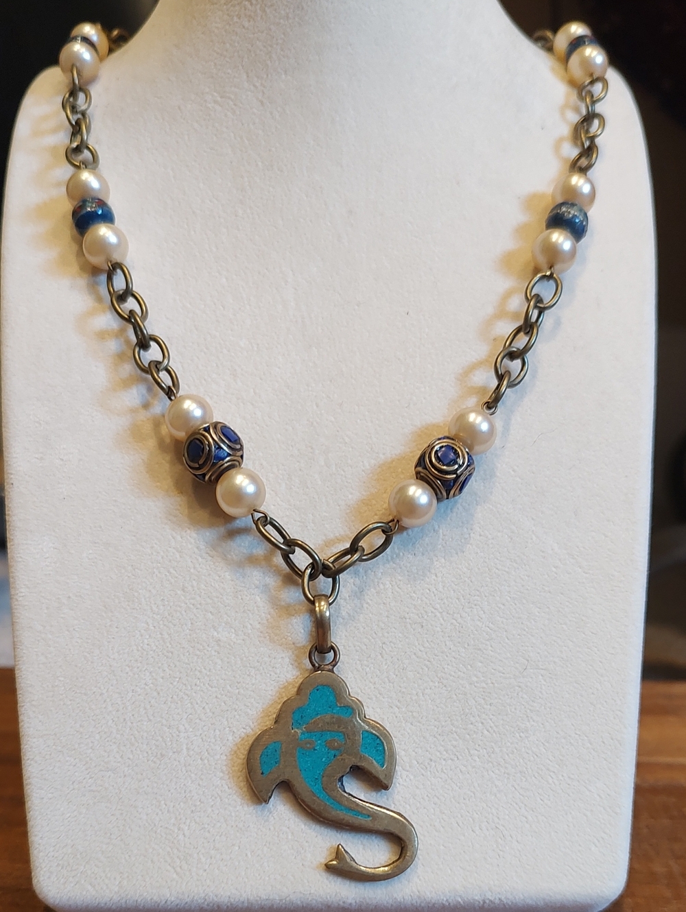 Antique Bronze Elephant Pendant With Tibetan Blue Beads And Pearls Chain 19"